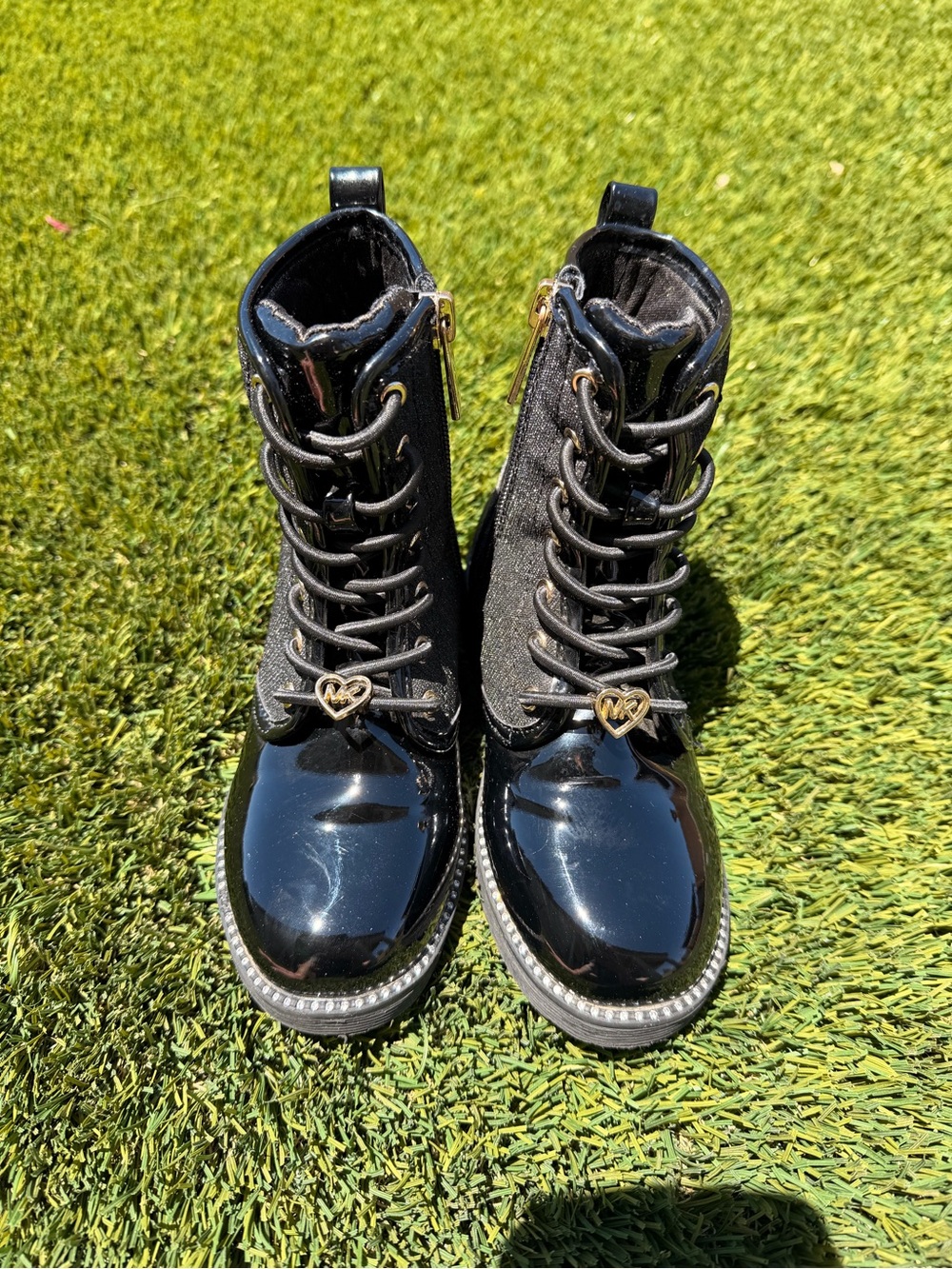Michael Kors Black Patent & Glitter Heart Lace-Up Kids Boots - Picture 2 of 6